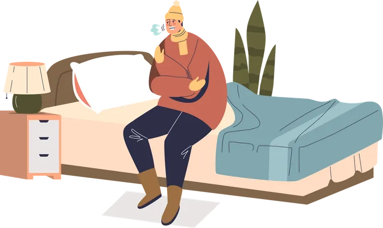 Man shivering from cold sit on bed dressed in warm clothes and hat in bedroom indoors  Illustration