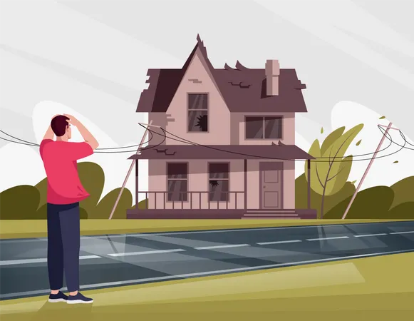 Man shocked by shabby house with broken Illustration