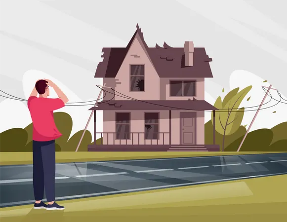 Man shocked by shabby house with broken  Illustration