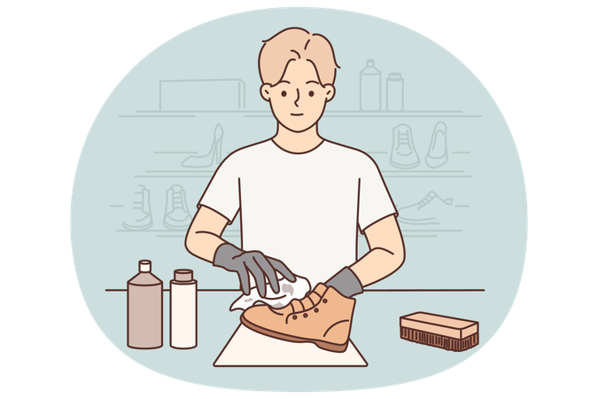 Man shoemaker cleans client leather boots after repair working in professional shoe shop  Illustration