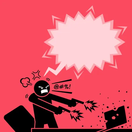Man shooting at a computer with two guns because he is very angry at the laptop  Illustration