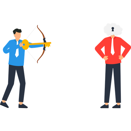 Man Shooting Key with Bow and Arrow at Person with Cloud Head  Illustration