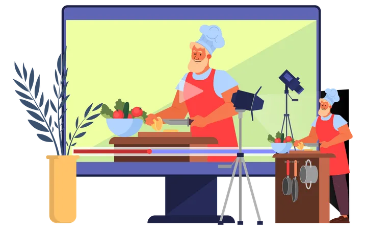 Blogger Concept Illustration Food Blogging Cooking And Broadcast Online Person In Apron Making Tasty Dish On Video Channel Idea Of Social Media And Network Vector Illustration In Cartoon Style 일러스트레이션