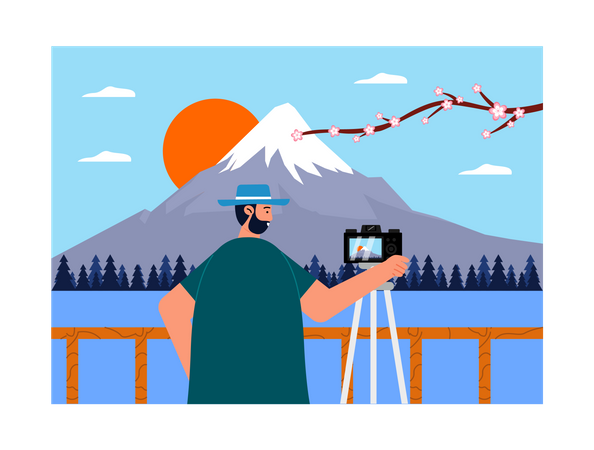Man shooting video of Mount Fuji Illustration
