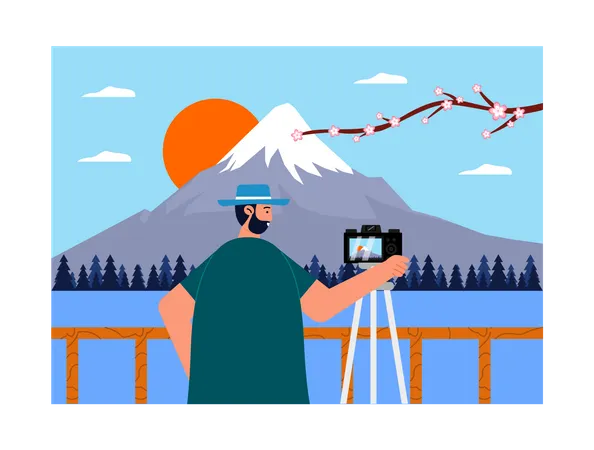 Man shooting video of Mount Fuji  Illustration