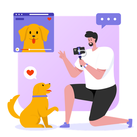 Man shooting vlog with pet dog Illustration