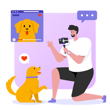 Man shooting vlog with pet dog  Illustration