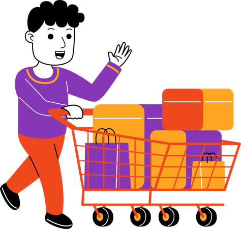 Man Shopper carrying groceries on trolley  Illustration