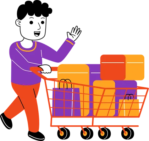 Man Shopper Carrying Groceries On Trolley Illustration