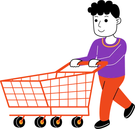 Man Shopper pushing an empty trolley  Illustration