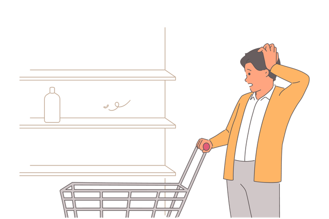 Man shopper sees shortage of goods in store and empty shelves as result of economic crisis  Illustration