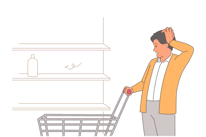 Man shopper sees shortage of goods in store and empty shelves as result of economic crisis  Illustration