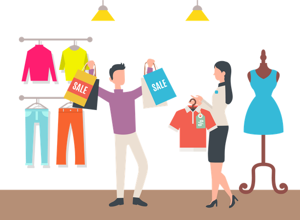 Man shopping during sale at store  Illustration