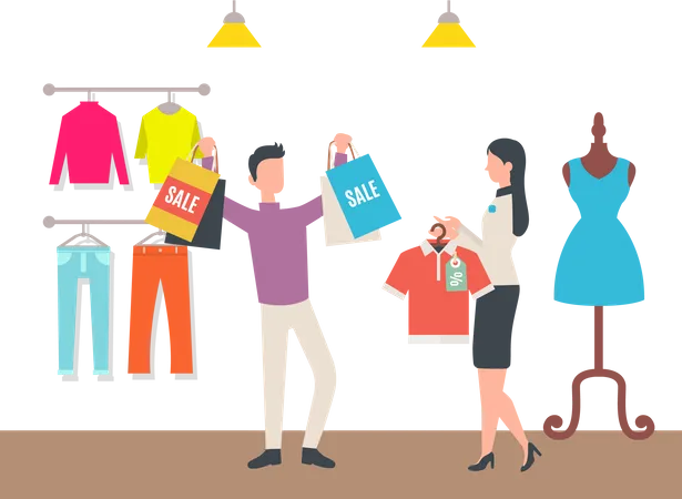 Man shopping during sale at store  Illustration