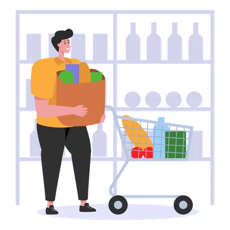 Man shopping for groceries Illustration