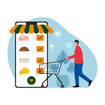 Man shopping for groceries online Illustration