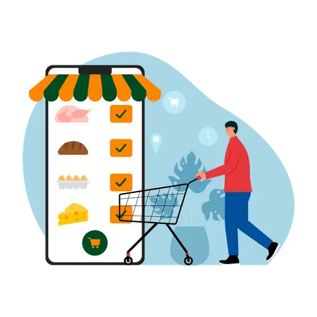 Man shopping for groceries online Illustration