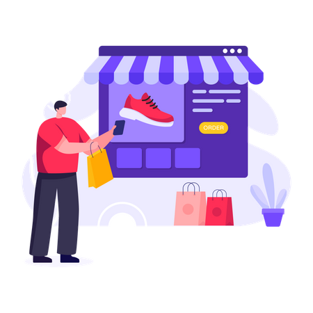 Man shopping for shoes from online store Illustration