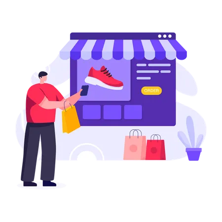 Man shopping for shoes from online store  Illustration