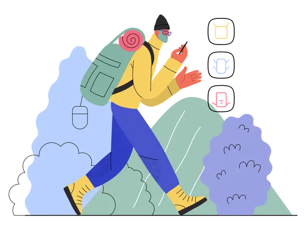 Man shopping for trekking utilities Illustration