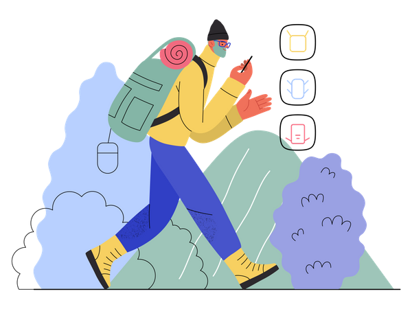 Man shopping for trekking utilities  Illustration