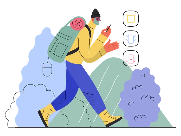 Man shopping for trekking utilities  Illustration