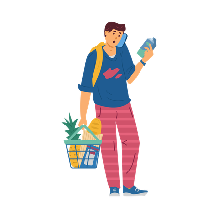 Man shopping in supermarket and talking phone  Illustration