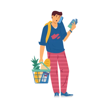 Man shopping in supermarket and talking phone  Illustration