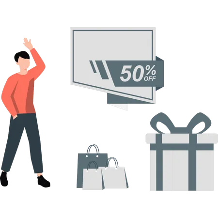 Man shopping on 50 percentage discount  Illustration