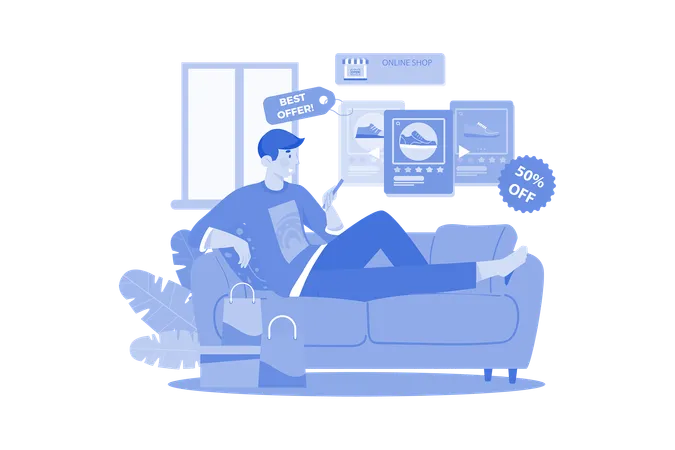 Man Shopping Online On Commerce Flat Form At Home Illustration