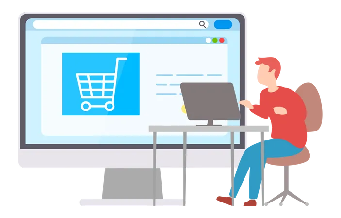 Online Shop Internet Store In Computer Man Choosing Products Shopping At Website Spending Money At Goods In E Store Concept Purchasing Customer Looking At Program On Screen With Shoppind Cart Illustration