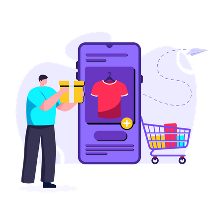 Man shopping online and adding product to cart Illustration