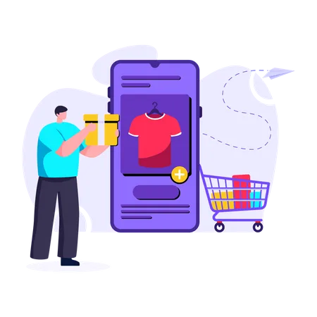 Man shopping online and adding product to cart Illustration