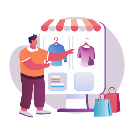 Man shopping online at an interactive store  Illustration