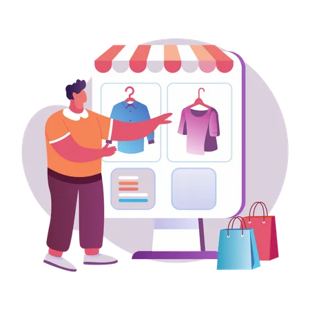 Man shopping online at an interactive store  Illustration