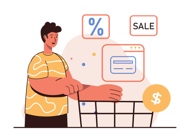 Man shopping online during sale  Illustration