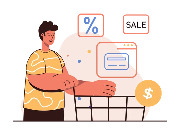 Man shopping online during sale  Illustration