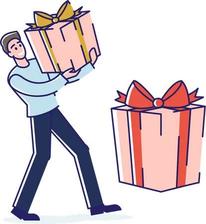 Concept Of Loyalty Program Discount Customer Service Happy Man Make Shopping On Sale Using Discount Male Character Carry Big Gift Box With Bow Cartoon Outline Linear Flat Vector Illustration 일러스트레이션