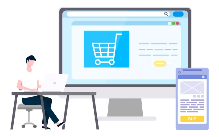Man shopping online using smartphone and website  Illustration