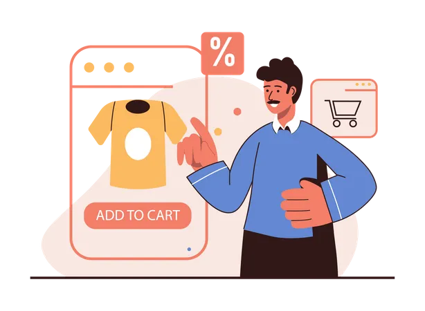 Man shopping online while adding product to cart  Illustration