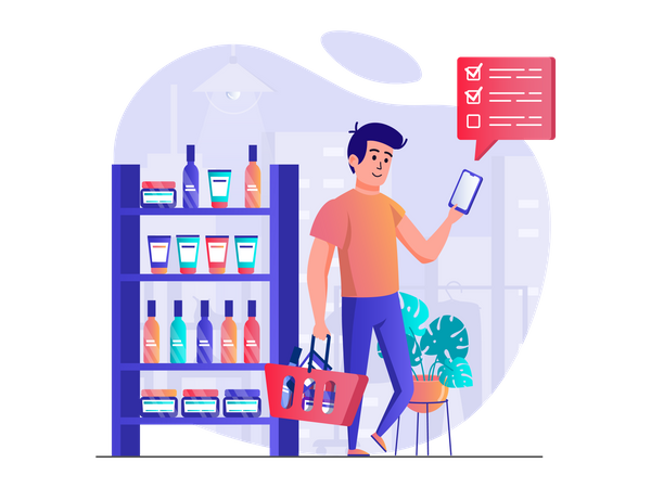 Man shopping skin care product according shopping list  Illustration