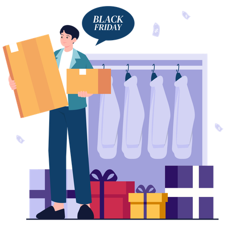 Man shops from Black Friday Box Haul  Illustration