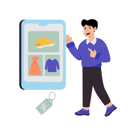 Man shops from E-Commerce Application  Illustration