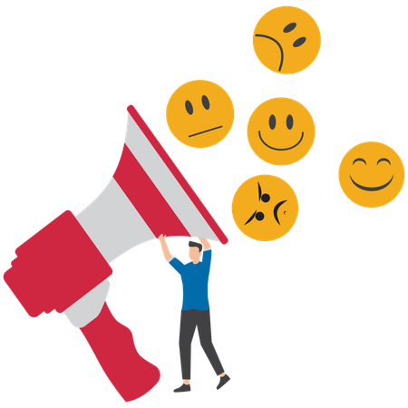 Man shout on megaphone with satisfaction emoticon symbolizing customer survey to evaluate service quality  Illustration