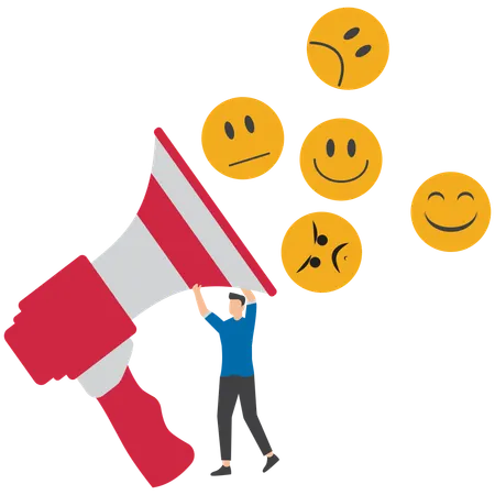 Man shout on megaphone with satisfaction emoticon symbolizing customer survey to evaluate service quality  Illustration