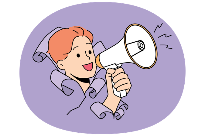 Man shouts into megaphone, sticking head out hole in paper and calling for attention to advertising  Illustration