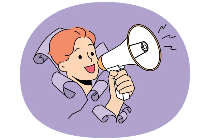 Man shouts into megaphone, sticking head out hole in paper and calling for attention to advertising  Illustration