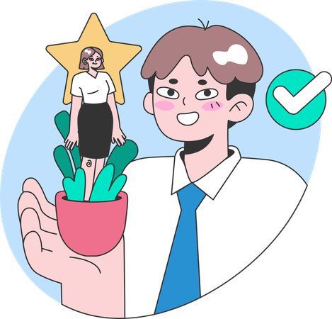 Man showcasing  successful woman standing top  plant in star  Illustration