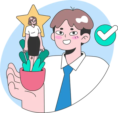 Man showcasing  successful woman standing top  plant in star  Illustration