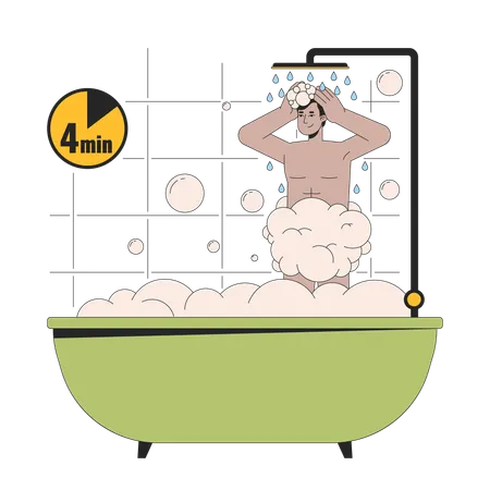 4 Minute Shower Line Cartoon Flat Illustration Indian Man Showering Bathtub 2 D Lineart Character Isolated On White Background Reduce Electricity Usage Water Saving At Home Scene Vector Color Image Illustration